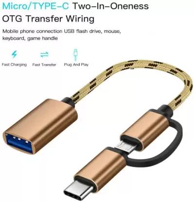 Branded 2 in 1 Braided OTG Adapter Cable for Android Micro USB + Type-C to USB 3.0 USB Type-C OTG Adapter Cable Multi OTG Converter Mobile Connector Type c OTG Adapter for Android Phones (Brown)