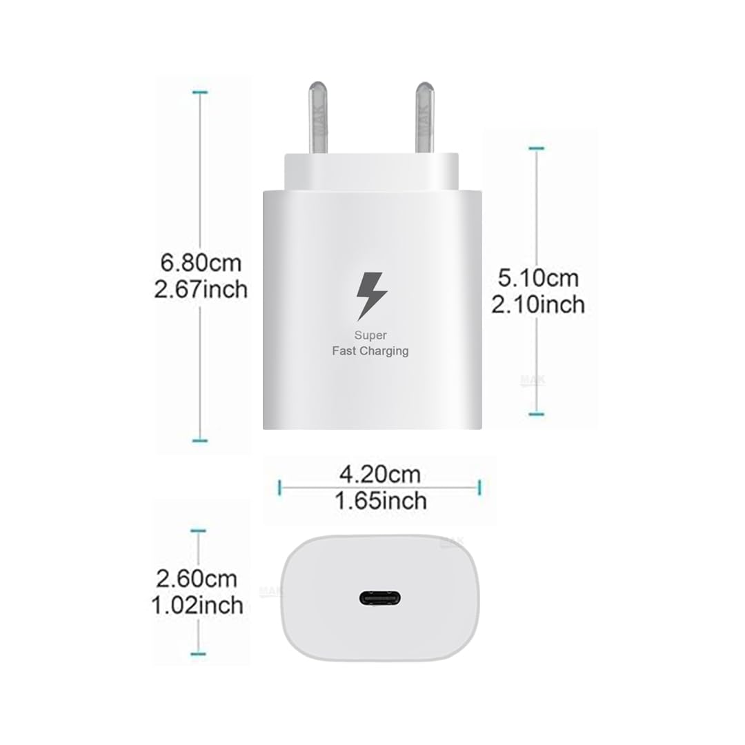 MAK 25W Charger with Cable for Samsung Galaxy M15 5G Type C Charger Adapter Compatible with Galaxy M15 5G Charger, 25 Watt USB Type C to C Pd Charging Adapter C Type, White