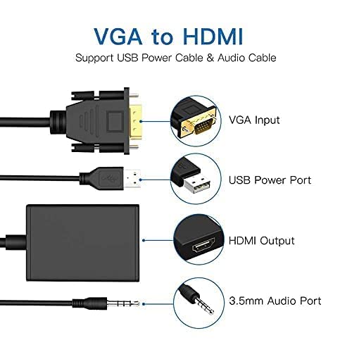 MESHIV VGA to HDMI with Audio Converter Adapter, VGA Male to HDMI Female with 3.5MM Audio Jack Full HD 1080P for Connecting Monitor/PC/Laptop/Projector