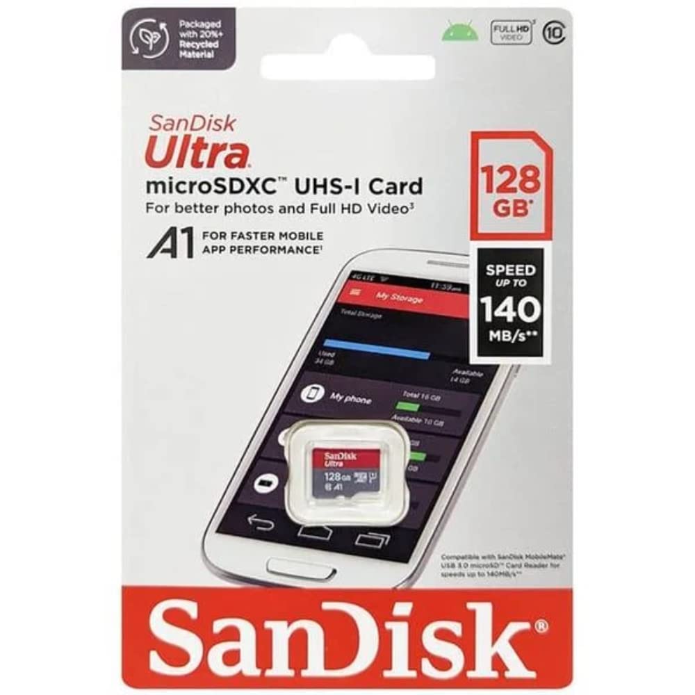 SanDisk Ultra 128GB microSDXC UHS-I, 140MB/s R, Memory Card, 10 Y Warranty, for Smartphones