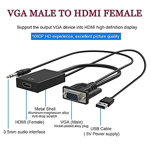 VGA to HDMI Adapter with Audio/PC VGA Source Output to TV/Monitor with HDMI Connector/Microware 1080P Male VGA (Pack of 1)