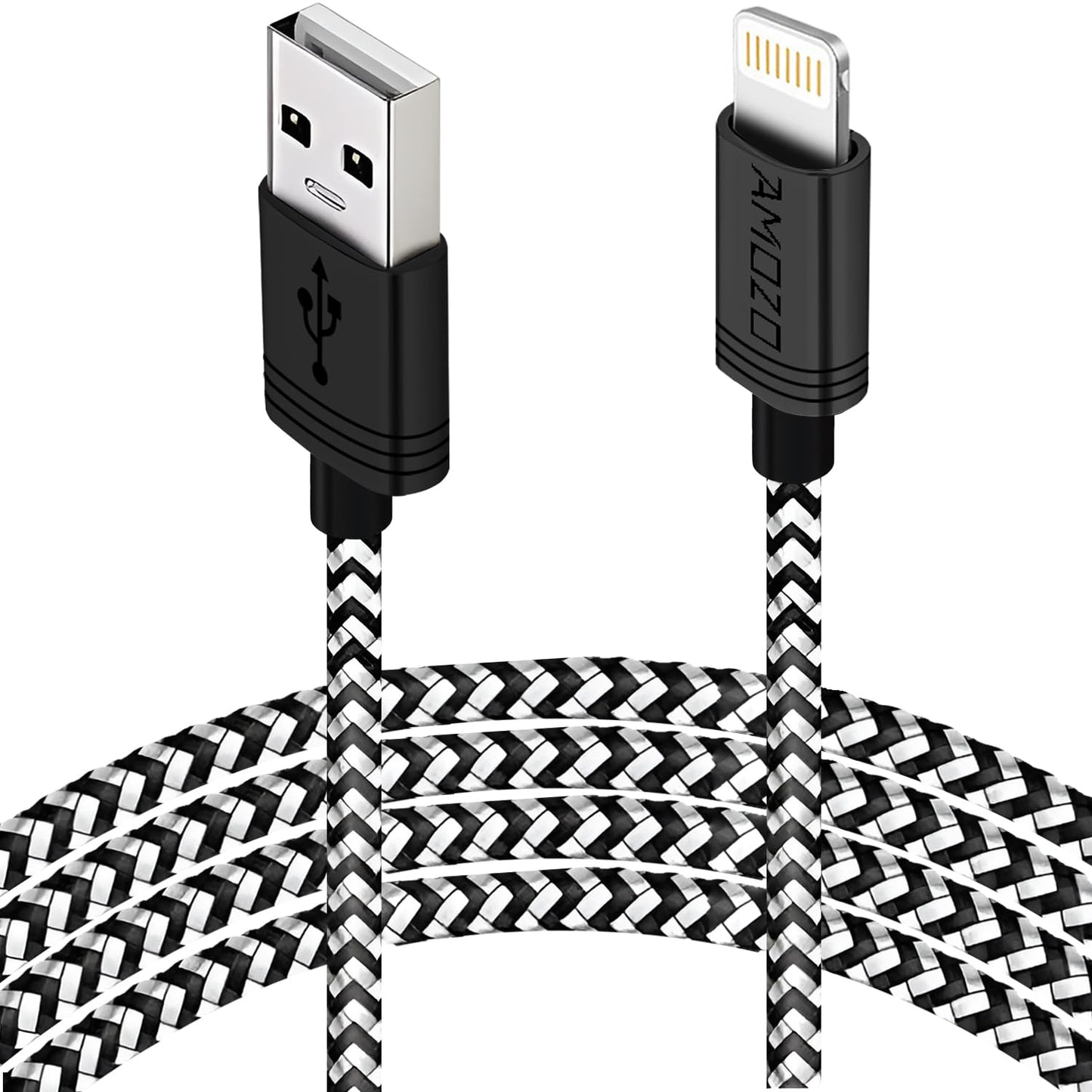 Amozo Nylon Braided Tough USB A to Lighting Fast Charging and Data Sync 480 MBPS Cable Compatible for iPhone 13, 12,11, X, 8, 7, 6, 5, iPad Air, Pro, Mini (1 Meter USB A to Lightning, Black/White)