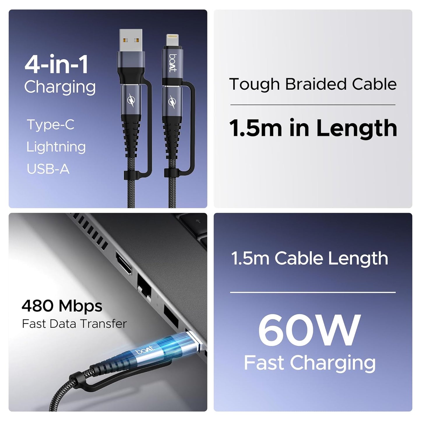 boAt FlexiCharge 400 Charging Cable w/ 4-in-1 Connectivity- USB-A, Type-C, & Lightning Ports, 60W/3A PD Fast Charging,480Mbps Data Sync,2 Swappable Heads,Silicon Cable Tie(Carbon Black)