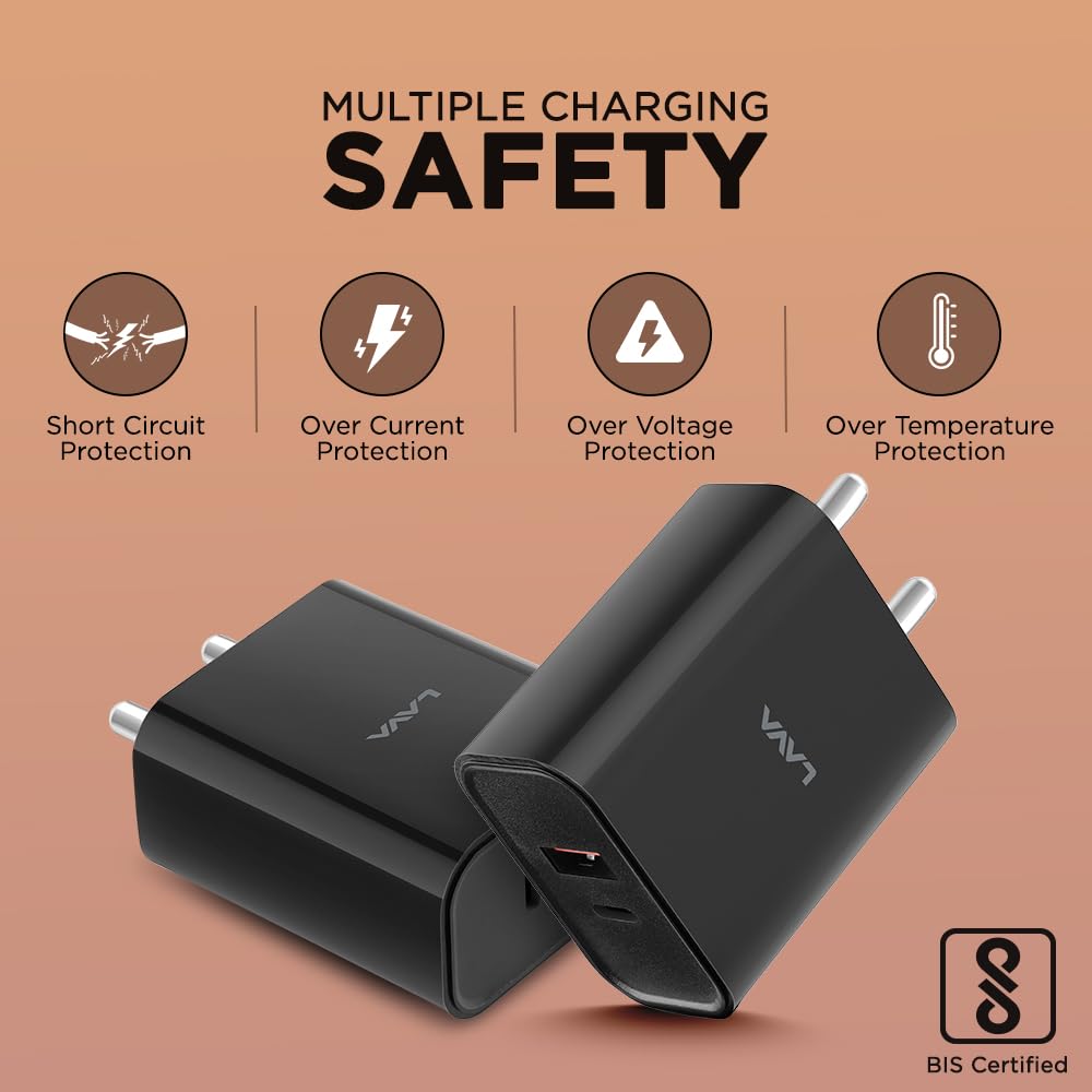 Lava 20W Type C Fast Wall Charger with PD Technology | Compatible with iPhone, Samsung, Redmi, Realme, Oppo & All Android Devices with PD 3.0 | Type C to C Data Cable Inside | BIS Certified (Black)