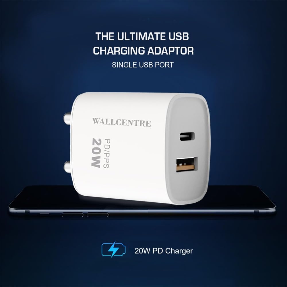 WALLCENTRE 20W USB Dual Port Fast Charger Adapter | 2-in-1 PD/QC Power Delivery Charger | Type-A & Type-C Compatible with Android & iOS Devices |...