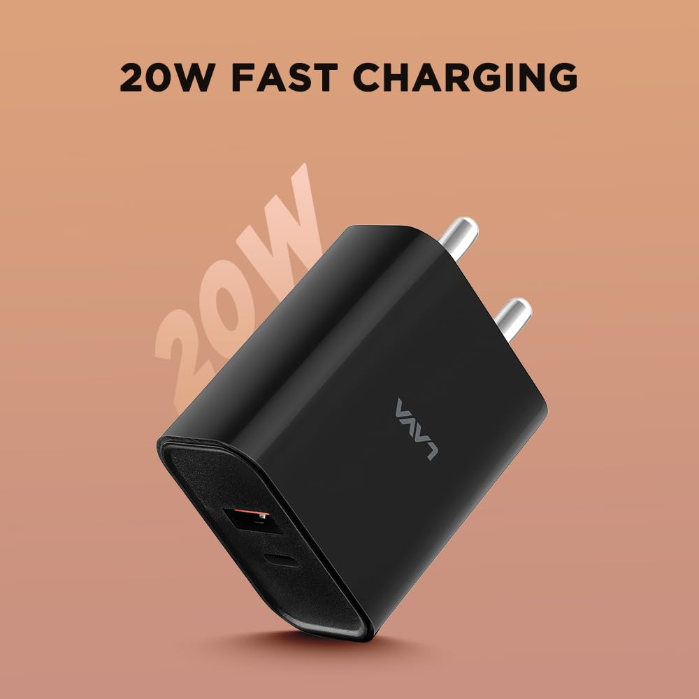 Lava 20W Type C Fast Wall Charger with PD Technology | Compatible with iPhone, Samsung, Redmi, Realme, Oppo & All Android Devices with PD 3.0 | Type C to C Data Cable Inside | BIS Certified (Black)