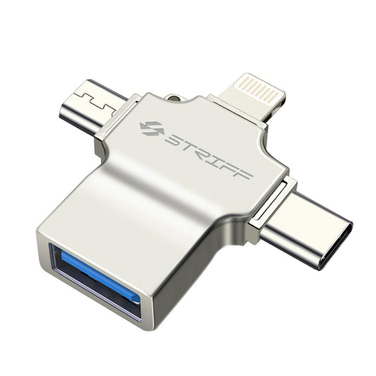 STRIFF 4 in 1 OTG Adapter Converter with Lightning, Type C, Micro USB, USB 3.0 Port OTG Connector Compatible with iOS 13 & Above, Android, Tablets and Others (Silver)