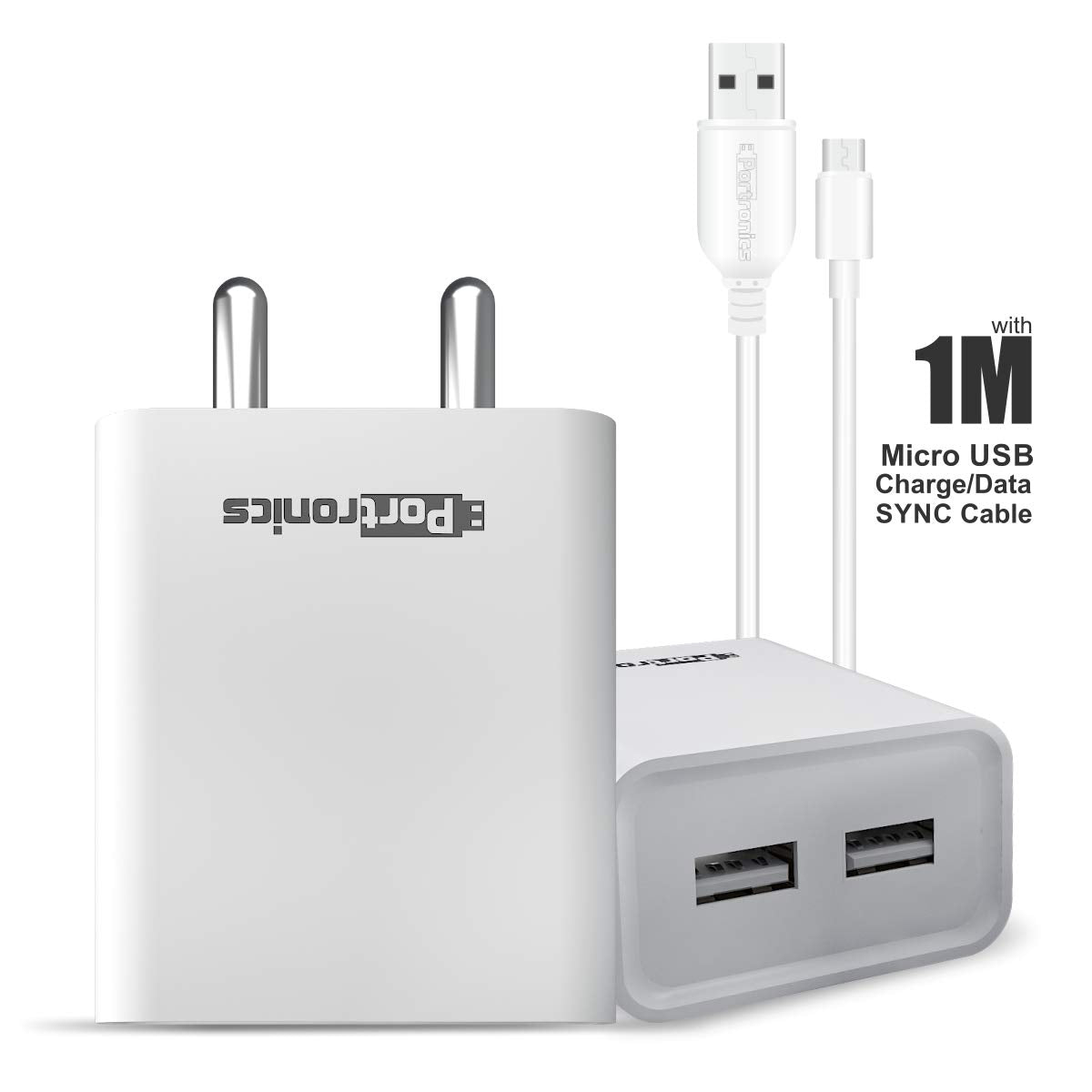 Portronics Adapto 66 2.4A 12w Dual USB Port 5V/2.4A Wall Charger,Comes with 1M Micro USB Cable, USB Wall Charger Adapter for iPhone 11/Xs/XS Max/XR/X/8/7/6/Plus, iPad Pro/Air 2/Mini 3/Mini 4, Samsung S4/S5, and More(White)