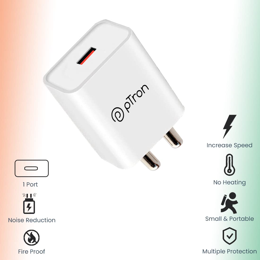 pTron Volta 12W Single Port USB Fast Charger, BIS Certified, Made in India Wall Charger Adapter, Universal Compatibility (Cable Not Included, White)