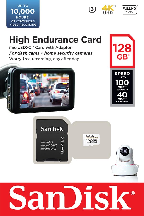 SanDisk 128GB High Endurance Video MicroSDXC Card with Adapter for Dash Cam and Home Monitoring Surveillance Systems - C10, U3, V30, 4K UHD, Micro SD Card -...