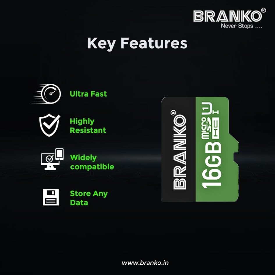 Branko 16GB Micro SD Card Class10 Memory Card (110MB/s R - 90MB/s W)