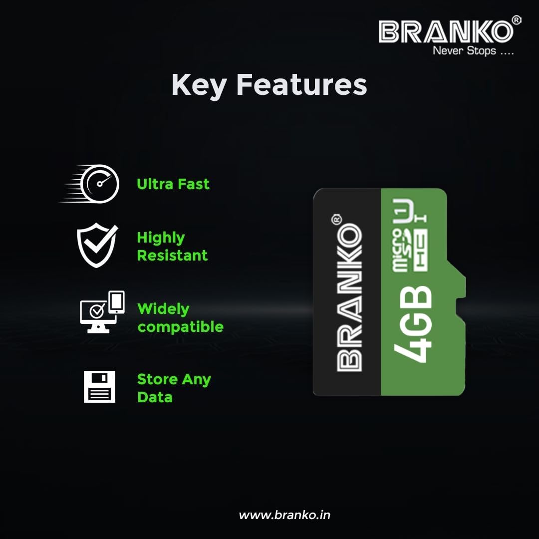 Branko 4GB Micro SD Card Class10 Memory Card (110MB/s R - 90MB/s W)