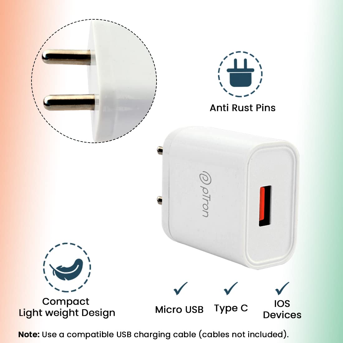 pTron Volta 12W Single Port USB Fast Charger, BIS Certified, Made in India Wall Charger Adapter, Universal Compatibility (Cable Not Included, White)