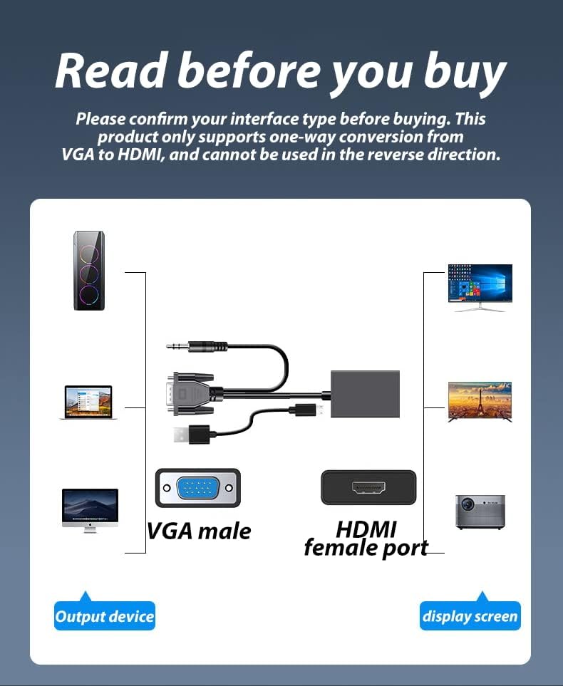 MESHIV VGA to HDMI with Audio Converter Adapter, VGA Male to HDMI Female with 3.5MM Audio Jack Full HD 1080P for Connecting Monitor/PC/Laptop/Projector