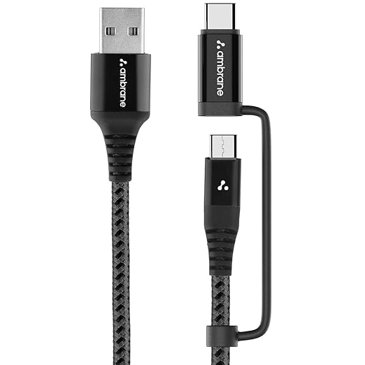 Ambrane 2 in 1 Type-C & Micro USB Cable with 3A Fast Charging Mobile Cable, 480 mbps Data Sync, Quick Charge 3.0, 1.5m Braided Cable, Compatible with All Type-C & Micro USB Devices (ABDC-10, Black)