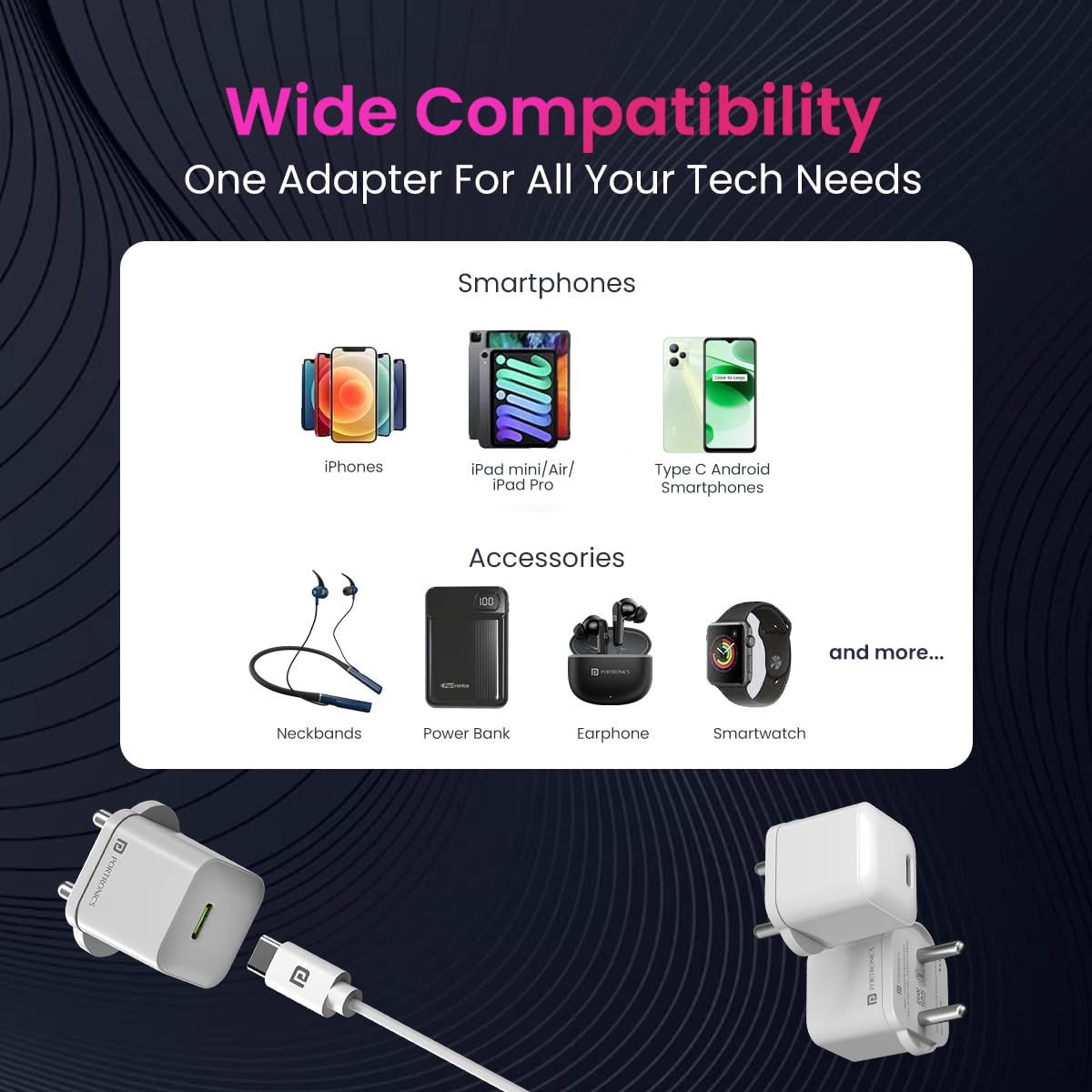 Portronics Adapto 20 Lite Smallest 20W GaN Wall Charger with Type C PD Fast Charging Output Port, Compatible with iPhone 8 and Above, iPad, Tablets, All Type C Mobile Phones and Devices (White)