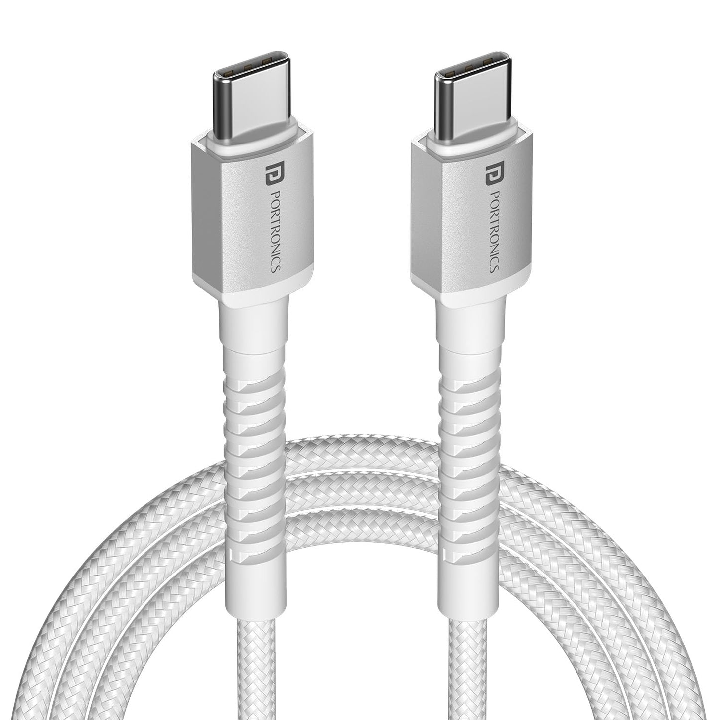 Portronics Konnect X 60W Type C to Type C Unbreakable Nylon Braided Cable, 2M Fast Charging Cable for iPhone 15 series, iPad, Samsung Galaxy & other Type C Devices(White)