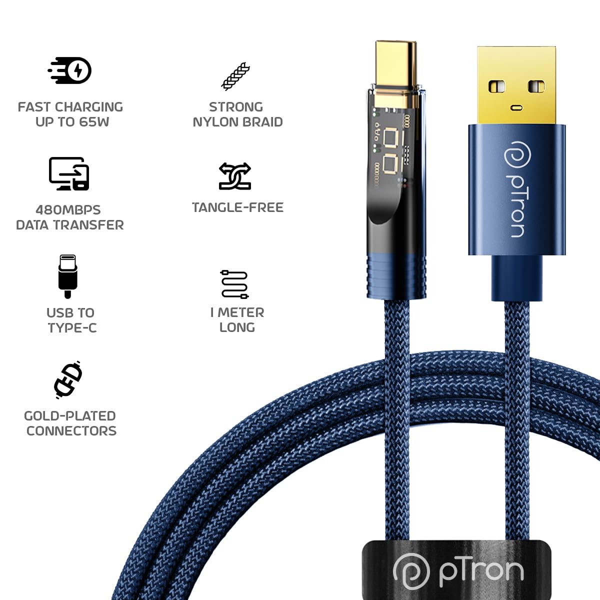 pTron Solero 65W USB to Type-C Super Fast Charging USB Cable Compatible with Samsung,OnePlus,Oppo,Vivo,Xiaomi,Realme & Other Type-C Devices, Unbreakable Nylon Braid, 480Mbps Data Sync (1m, Bold Blue)