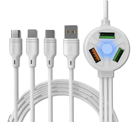 cablebasket 6 iN1 Extended Fast Charging USB Cable 3 pin for iPhone, Type-c, Micro-USB with Extra 3 USB Port for Other Devices