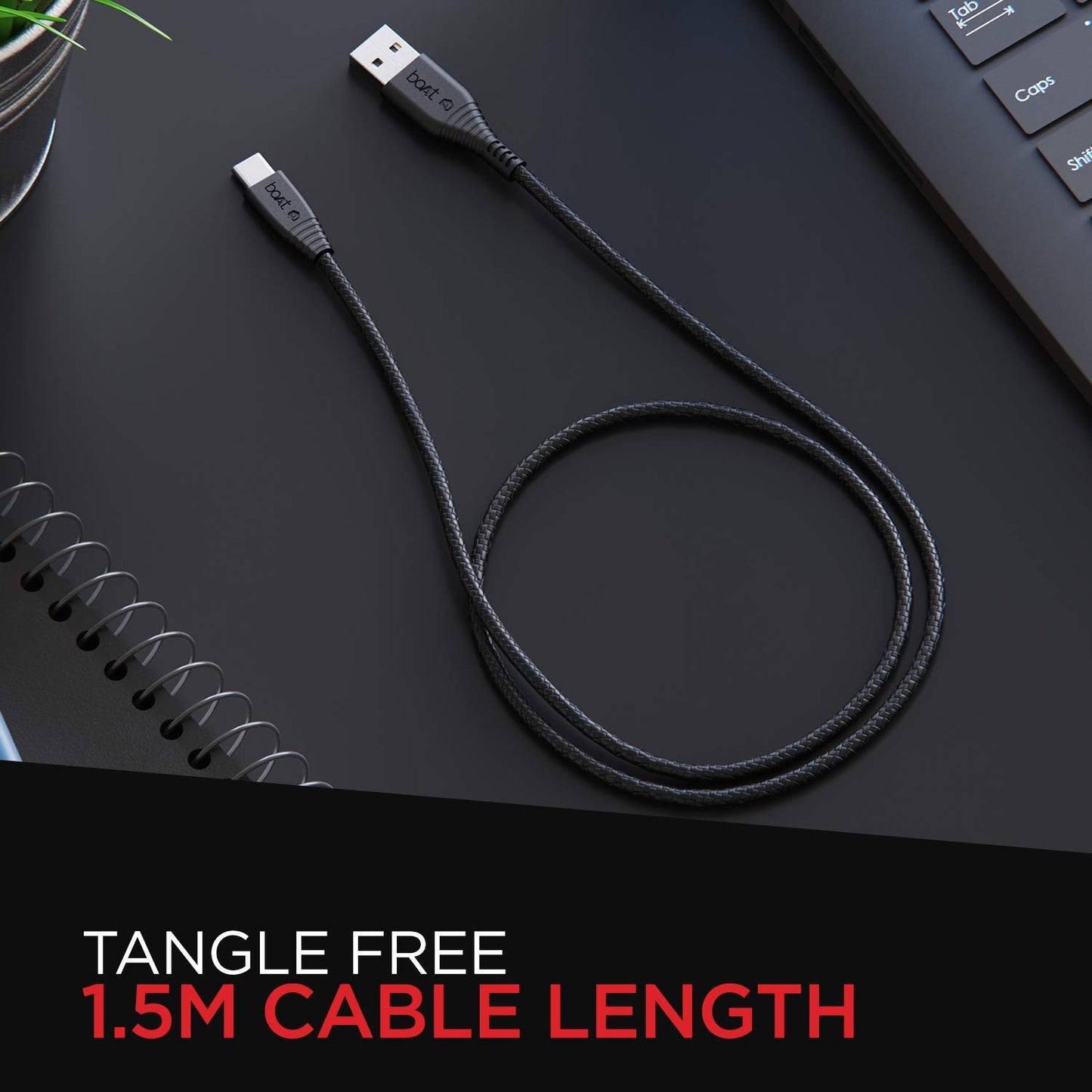 boAt Type C A325/A320 Tangle-free, Sturdy Type C Cable with 3A Rapid Charging & 480 Mbps Data Transmission Speed, Compatible with Smartphones & Tablets(Black)