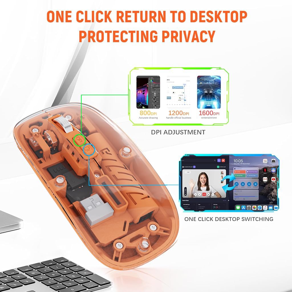 Verilux Transparent Wireless & Bluetooth Rechargeable Mouse [Battery Level Visible] 2.4G/USB-C/Bluetooth Mouse, Adjustable DPI Ergonomic Mouse Silent Click for PC, Laptop, Notebook, Mac, iPad, Orange