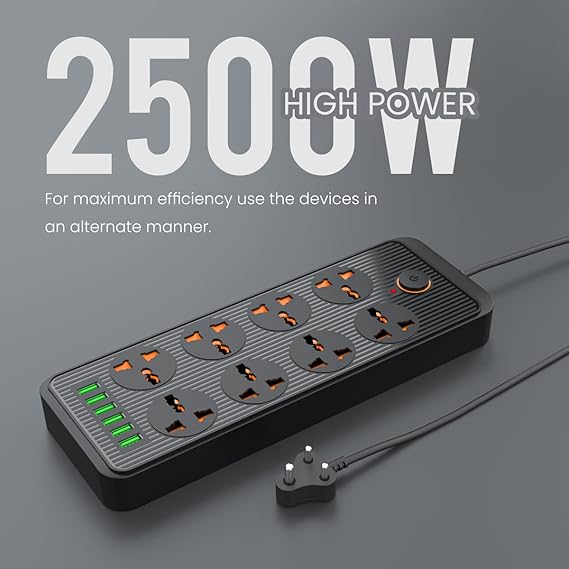 Portronics Power Plate 7 with 6 USB Port + 8 Power Sockets Smart Electric Universal Extension Board Multi Plug with 2500W, 3Mtr Cord Length, 2.4A USB Output(Black)