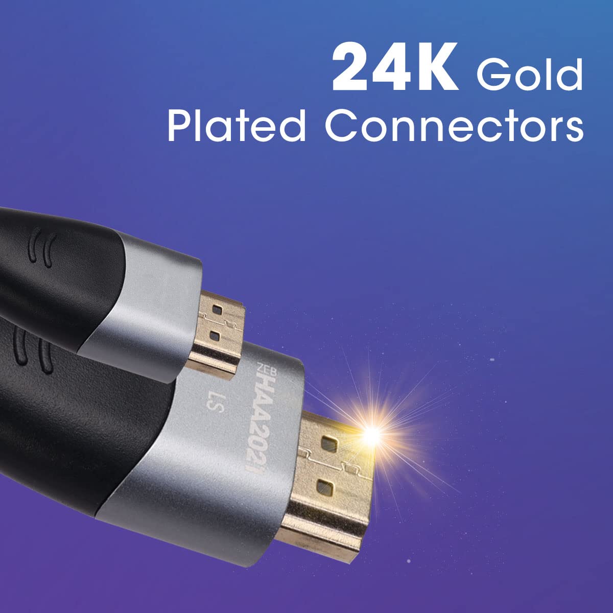 ZEBRONICS HAA2021 HDMI version 2.1 cable with 8K @ 60Hz, 4K @ 120Hz, eARC & CEC support, 3D compatible, 2 meters length, 48Gbps max and Gold-plated connectors