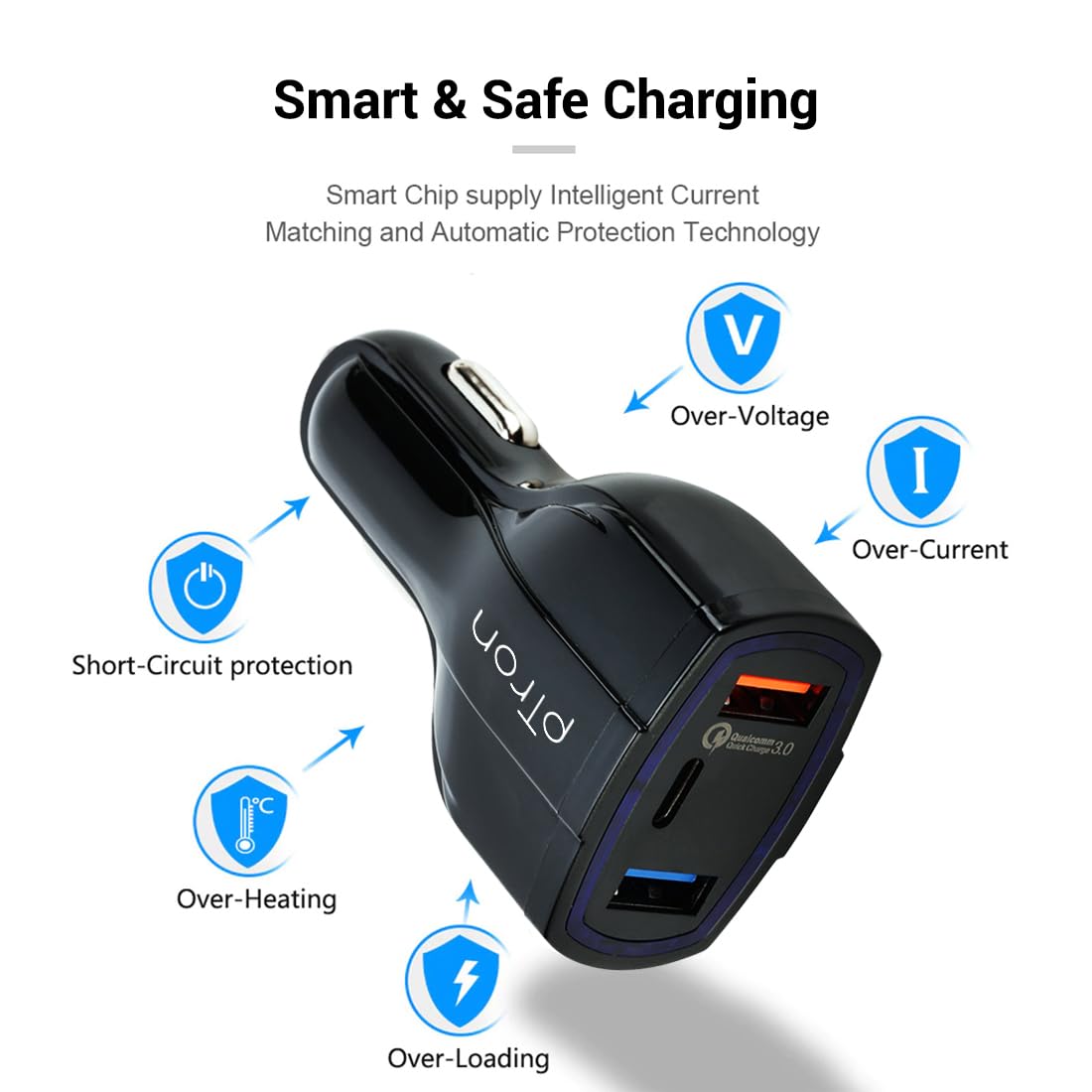 pTron Bullet Pro 36W Type-C/PD 3 Port Fast Car Charger Adapter, Compatible with All Smartphones, Tablets & Other USB Powered Devices (Black)