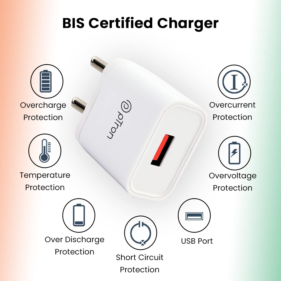 pTron Volta 12W Single Port USB Fast Charger, BIS Certified, Made in India Wall Charger Adapter, Universal Compatibility (Cable Not Included, White)