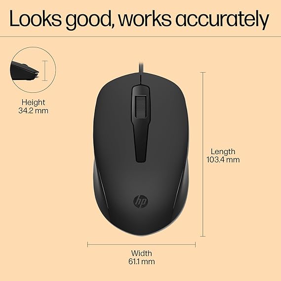 HP 150 Wired Mouse- Elegant Ergonomic Design, 1600 DPI Optical Tracking, USB Plug & Play / 3 Years Warranty (240J6AA), Black