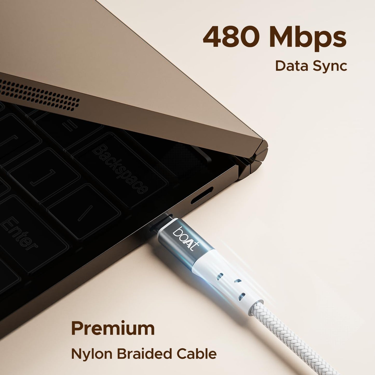 boAt Type-C C300 Tangle-Free, Sturdy Cable w/ 60W/3A PD Fast Charging, Compatible w/Xiaomi, Oneplus, Samsung, Vivo & Oppo, 480 Mbps Data Transmission Speed, Nylon Braided Skin & 1.5m Length(White)