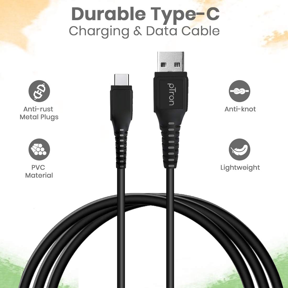 pTron USB-A to Type-C 2.4A Fast Charging Cable compatible with Android Phones/Tablets, 480mbps Data Transfer Speed, Made in India, Solero T241 Tangle-free Type-C USB Cable (Round, 1M, Black)