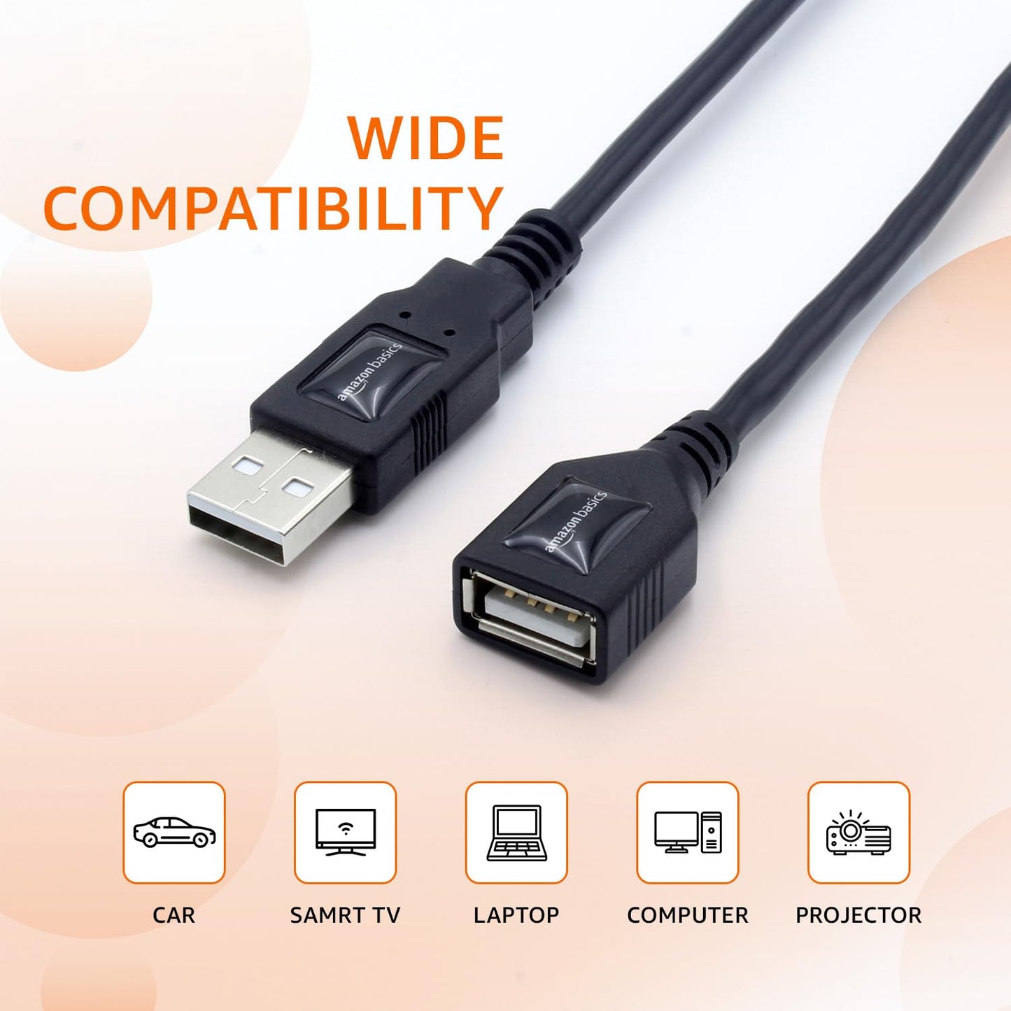 amazon basics USB 2.0 Extension | Male to Female Extension Plug/Socket Adapter Cable - 7.5 ft | Enhanced Connectivity for LED/LCD TV Ports