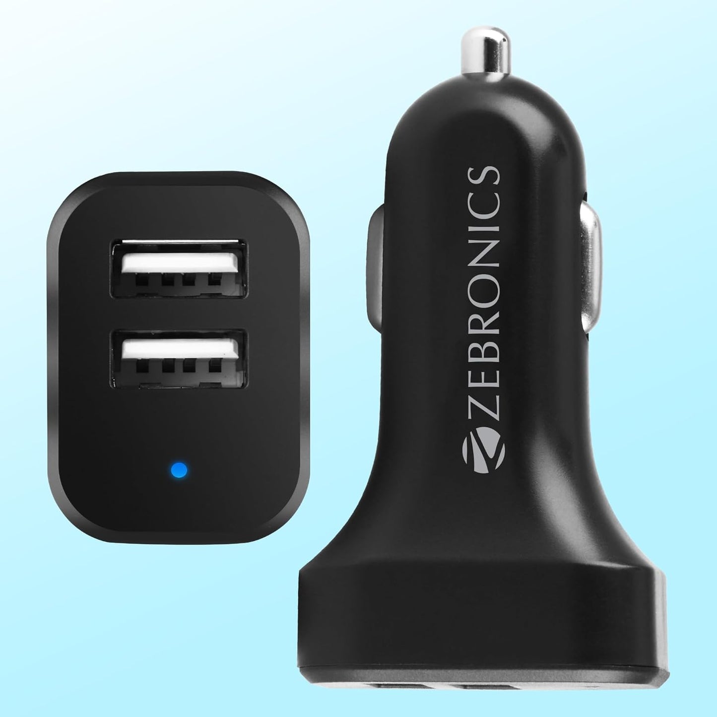 Zebronics Cc242A3 Car Charger with 10.5 Watts, Dual USB Ports, Compact Design, Built in Protections, Led Indicator, Included USB - Type-C Cable - Cellular Phones, Black