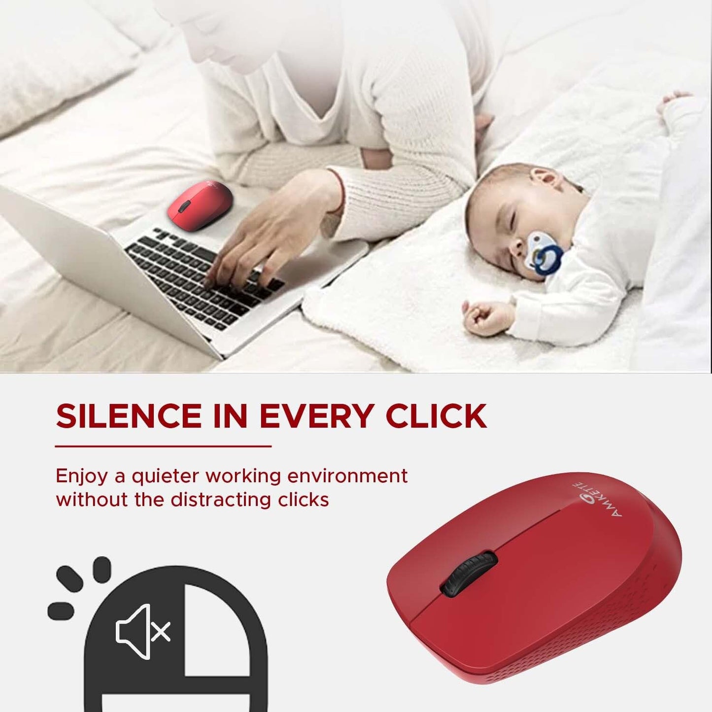 Amkette Hush Pro Go Wireless Mouse with Advance 2.4 Ghz Connectivity |Silent Switch| Ergonomic Design|, Ultra-Compact, High Precision 1200 DPI, Smart Auto Sleep Function (Red)