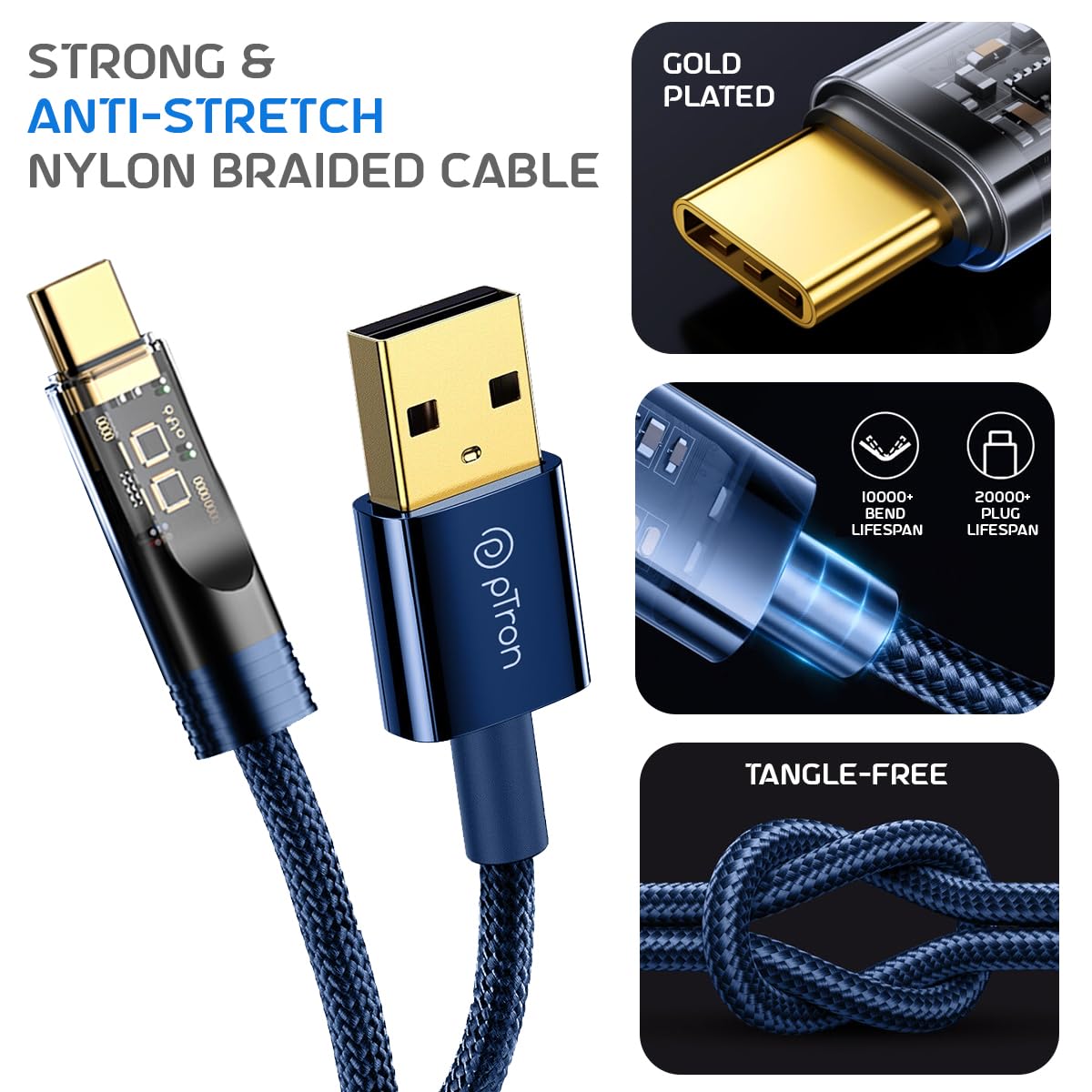 pTron Solero 65W USB to Type-C Super Fast Charging USB Cable Compatible with Samsung,OnePlus,Oppo,Vivo,Xiaomi,Realme & Other Type-C Devices, Unbreakable Nylon Braid, 480Mbps Data Sync (1m, Bold Blue)