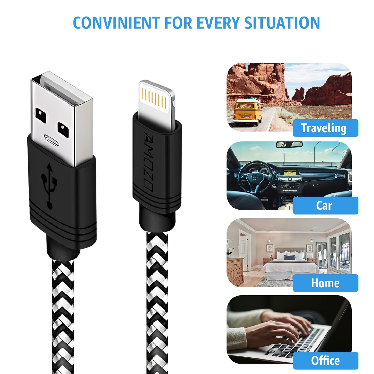 Amozo Nylon Braided Tough USB A to Lighting Fast Charging and Data Sync 480 MBPS Cable Compatible for iPhone 13, 12,11, X, 8, 7, 6, 5, iPad Air, Pro, Mini (1 Meter USB A to Lightning, Black/White)