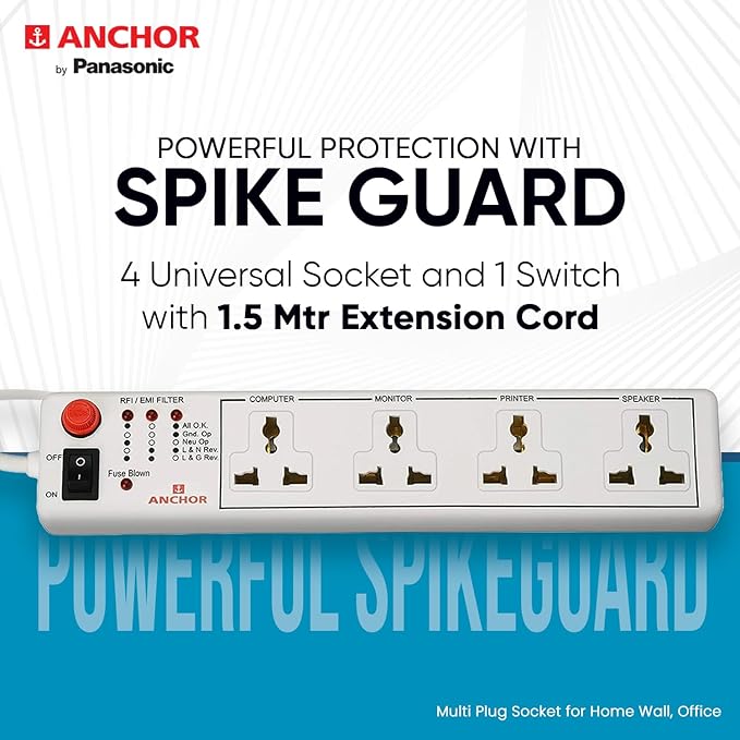 Anchor by Panasonic 4 Way 6A International Socket with Single Switch | 4 Way Extension Board with 1.5 Mtr Extension Cord | Multi Plug Socket for Home Wall, Office (22047)