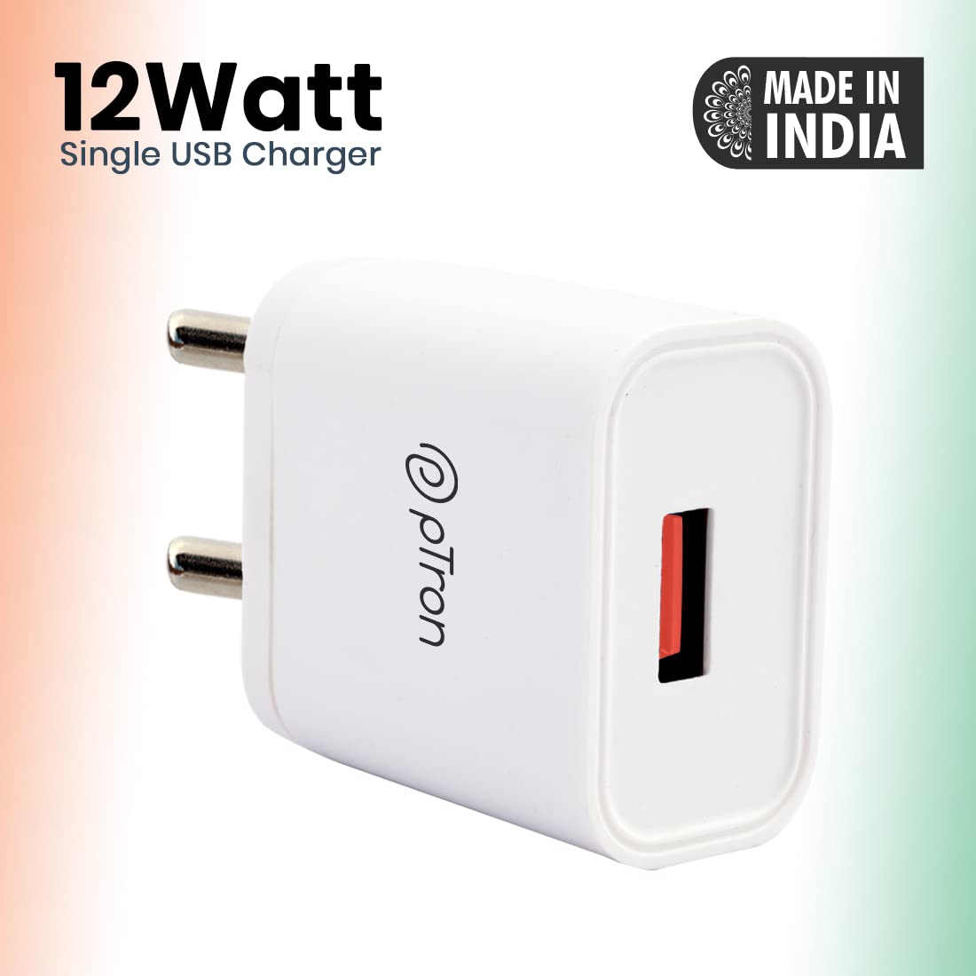 pTron Volta 12W Single Port USB Fast Charger, BIS Certified, Made in India Wall Charger Adapter, Universal Compatibility (Cable Not Included, White)