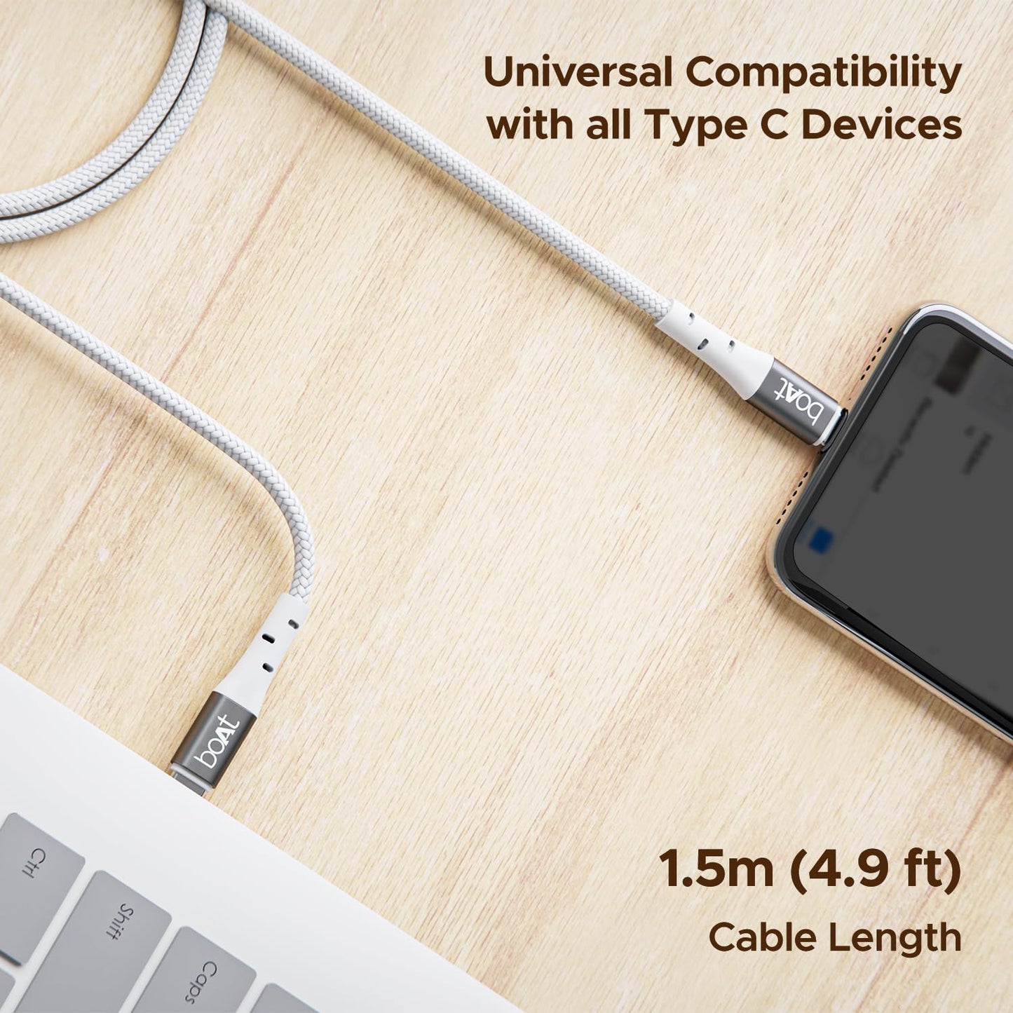 boAt Type-C C300 Tangle-Free, Sturdy Cable w/ 60W/3A PD Fast Charging, Compatible w/Xiaomi, Oneplus, Samsung, Vivo & Oppo, 480 Mbps Data Transmission Speed, Nylon Braided Skin & 1.5m Length(White)