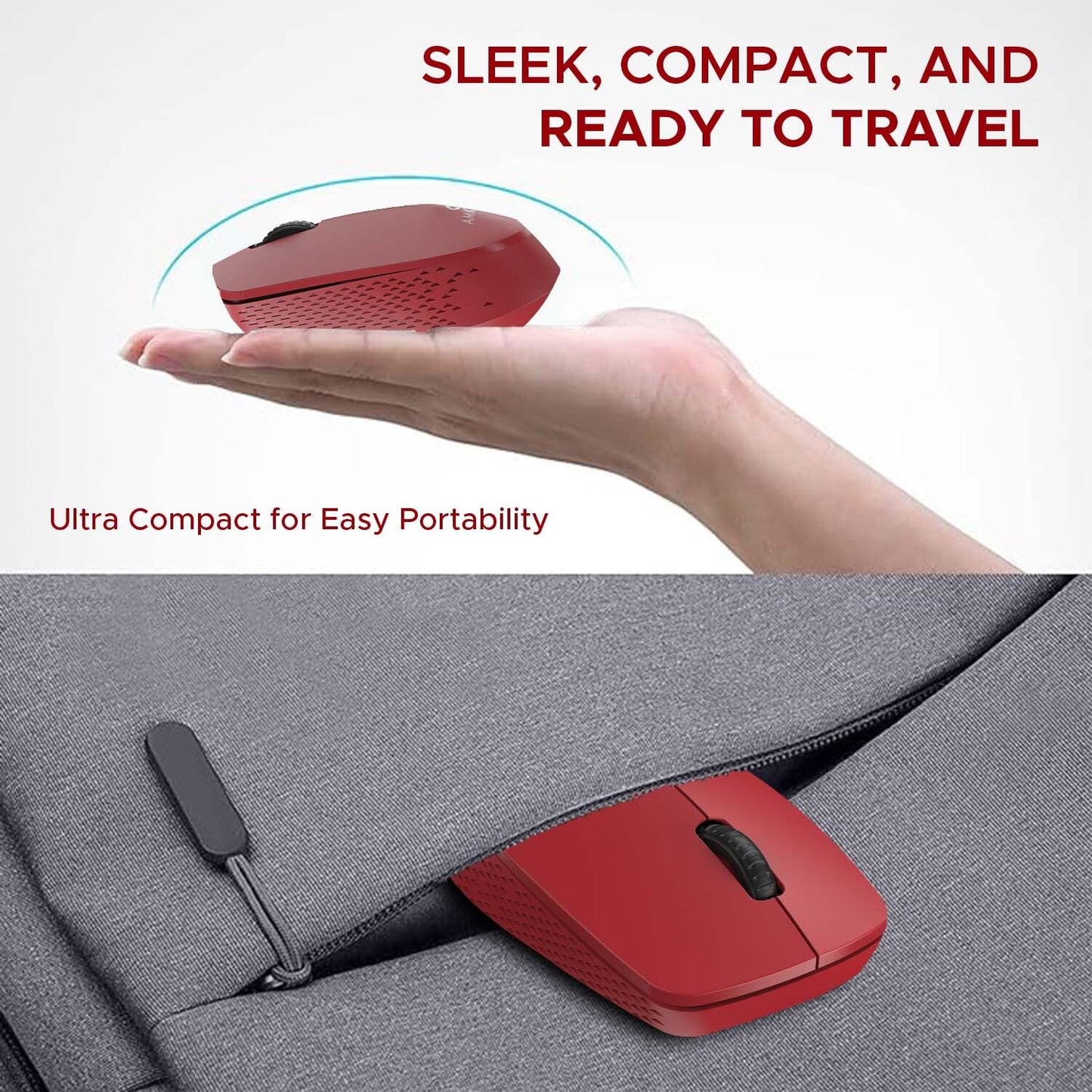 Amkette Hush Pro Go Wireless Mouse with Advance 2.4 Ghz Connectivity |Silent Switch| Ergonomic Design|, Ultra-Compact, High Precision 1200 DPI, Smart Auto Sleep Function (Red)