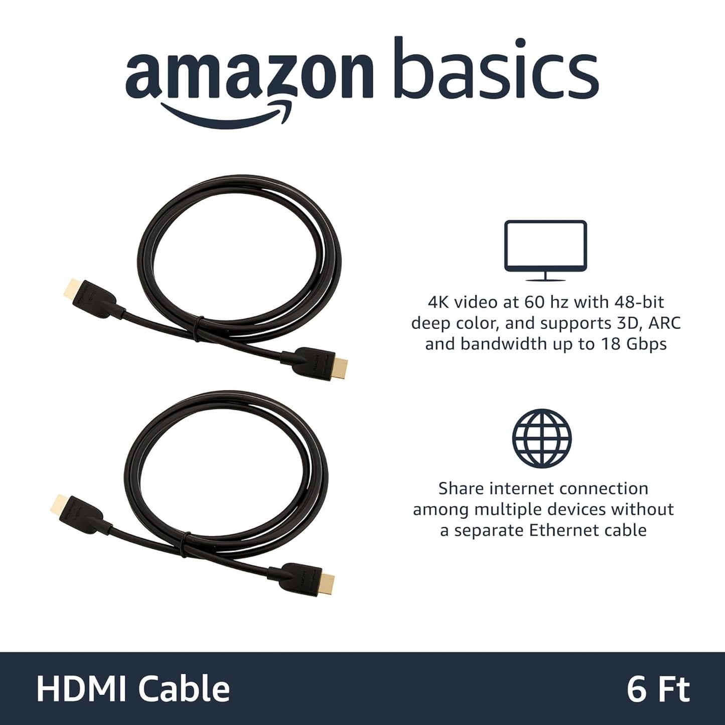 AmazonBasics High-Speed HDMI Cable,6 Feet (2-Pack),Black