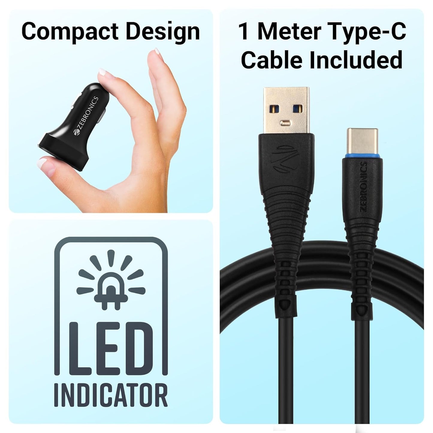 Zebronics Cc242A3 Car Charger with 10.5 Watts, Dual USB Ports, Compact Design, Built in Protections, Led Indicator, Included USB - Type-C Cable - Cellular Phones, Black