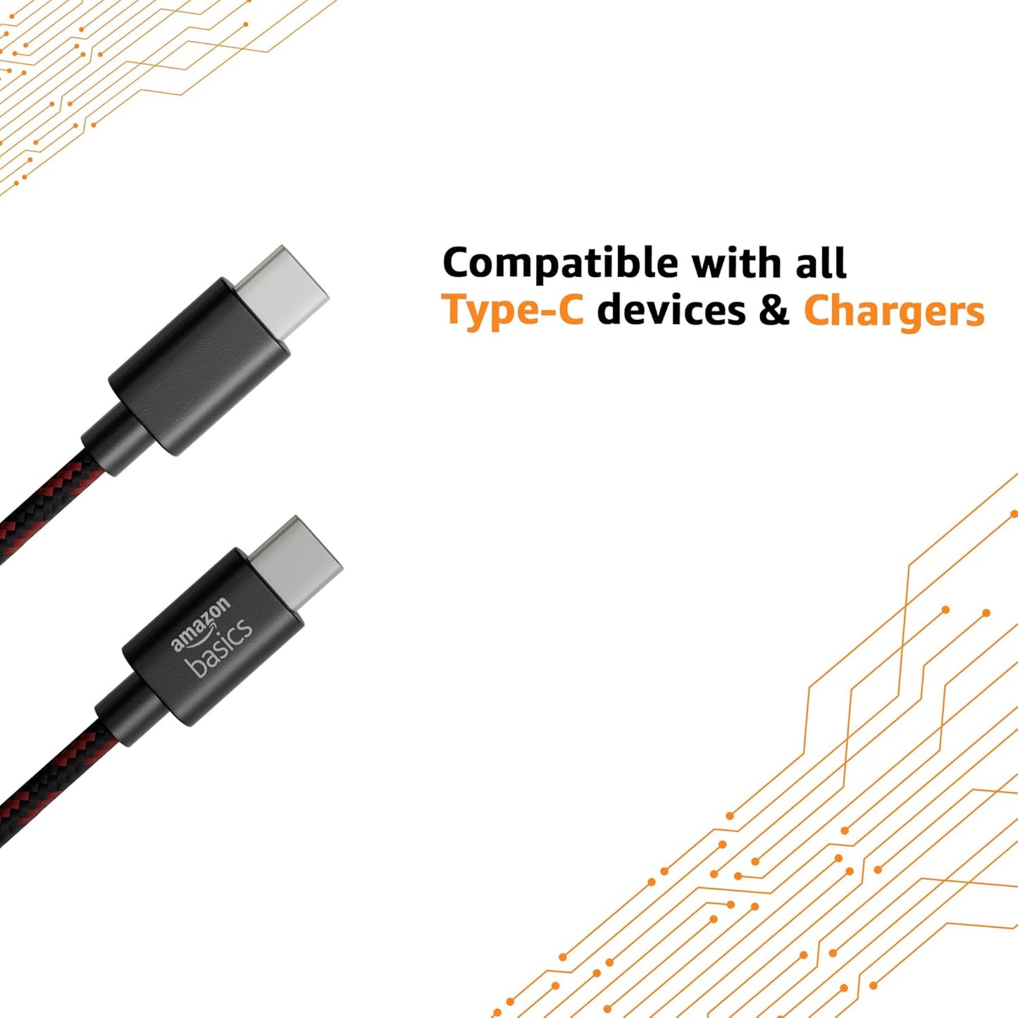 amazon basics Braided Type C to C Cable 60W Fast Charging Cable with 480 Mbps Data Transfer Speed | 1.2m, Tangle Free Cable