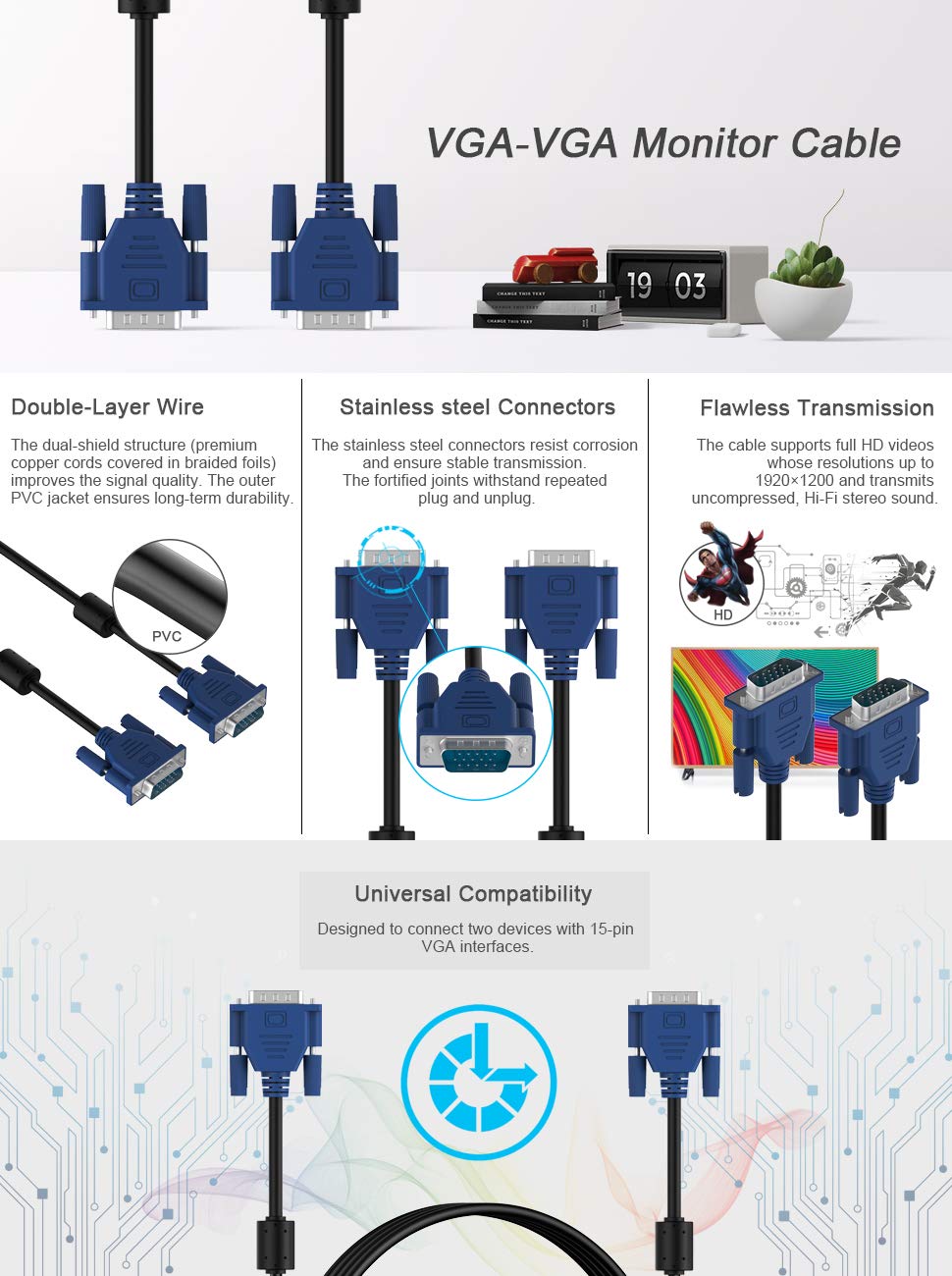 LS LAPSTER Quality Assured Male to Male VGA Cable 1.5 Meter, Support Monitor/PC/LCD/LED, Plasma, Projector, TFT (LST-VGACBLE-1.5M)