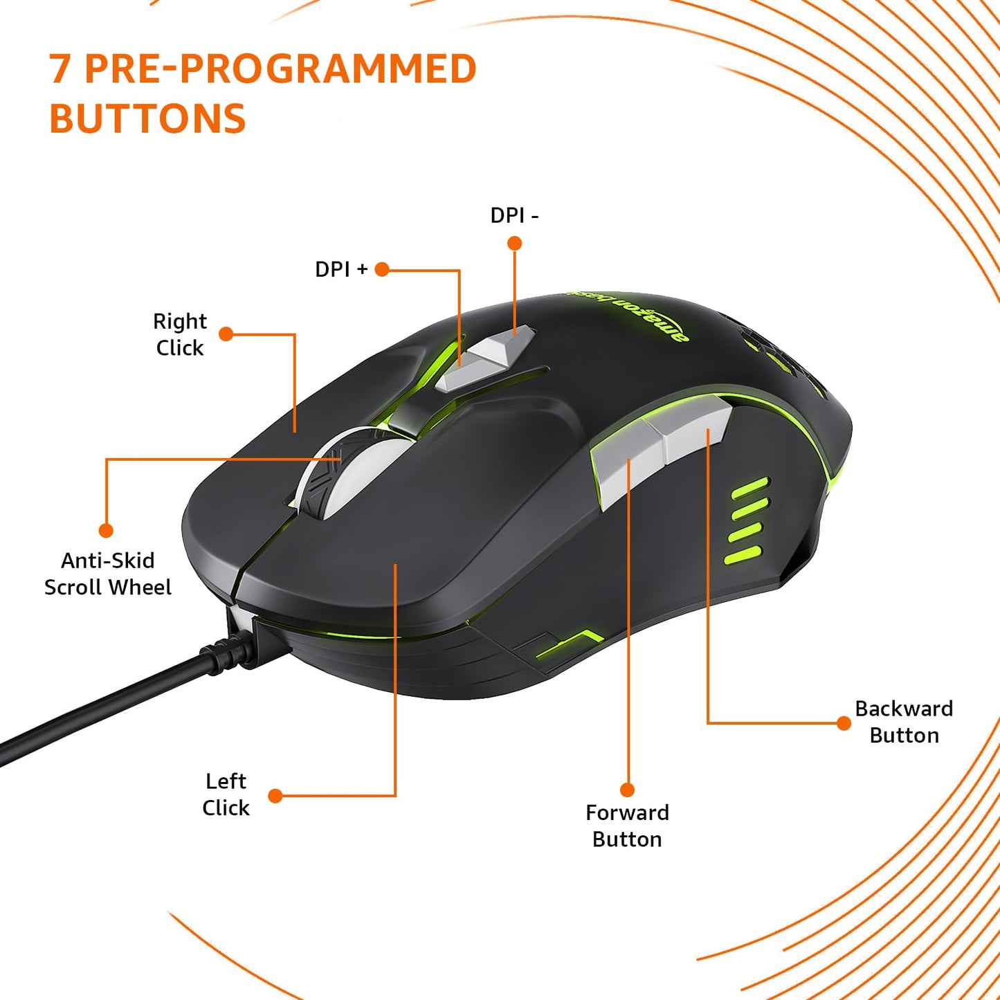 amazon basics Wired Gaming Mouse with Up to 6400 DPI, RGB, 4 Programmable Keys