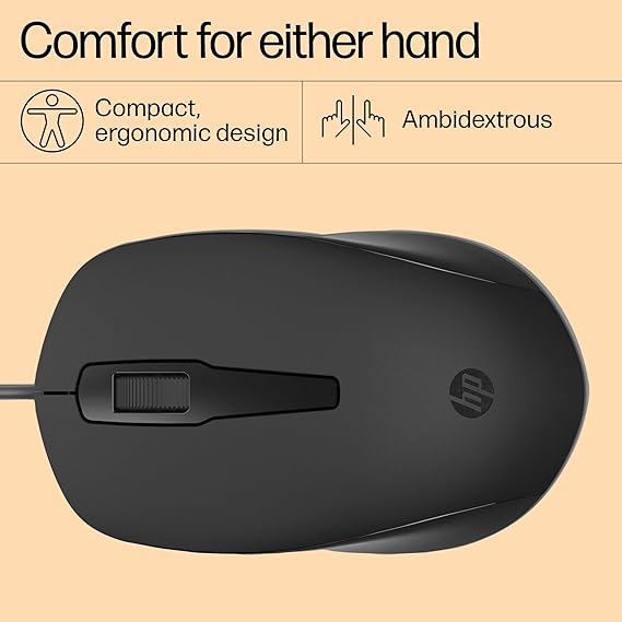 HP 150 Wired Mouse- Elegant Ergonomic Design, 1600 DPI Optical Tracking, USB Plug & Play / 3 Years Warranty (240J6AA), Black