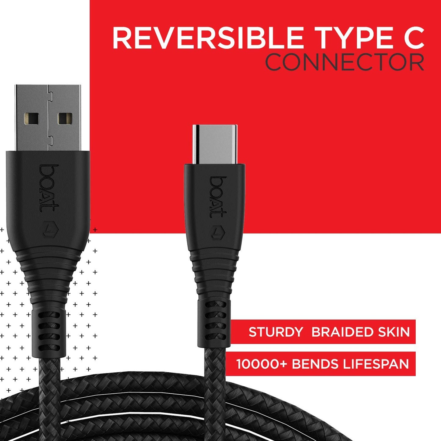 boAt Type C A325/A320 Tangle-free, Sturdy Type C Cable with 3A Rapid Charging & 480 Mbps Data Transmission Speed, Compatible with Smartphones & Tablets(Black)