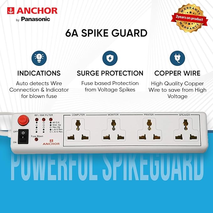 Anchor by Panasonic 4 Way 6A International Socket with Single Switch | 4 Way Extension Board with 1.5 Mtr Extension Cord | Multi Plug Socket for Home Wall, Office (22047)