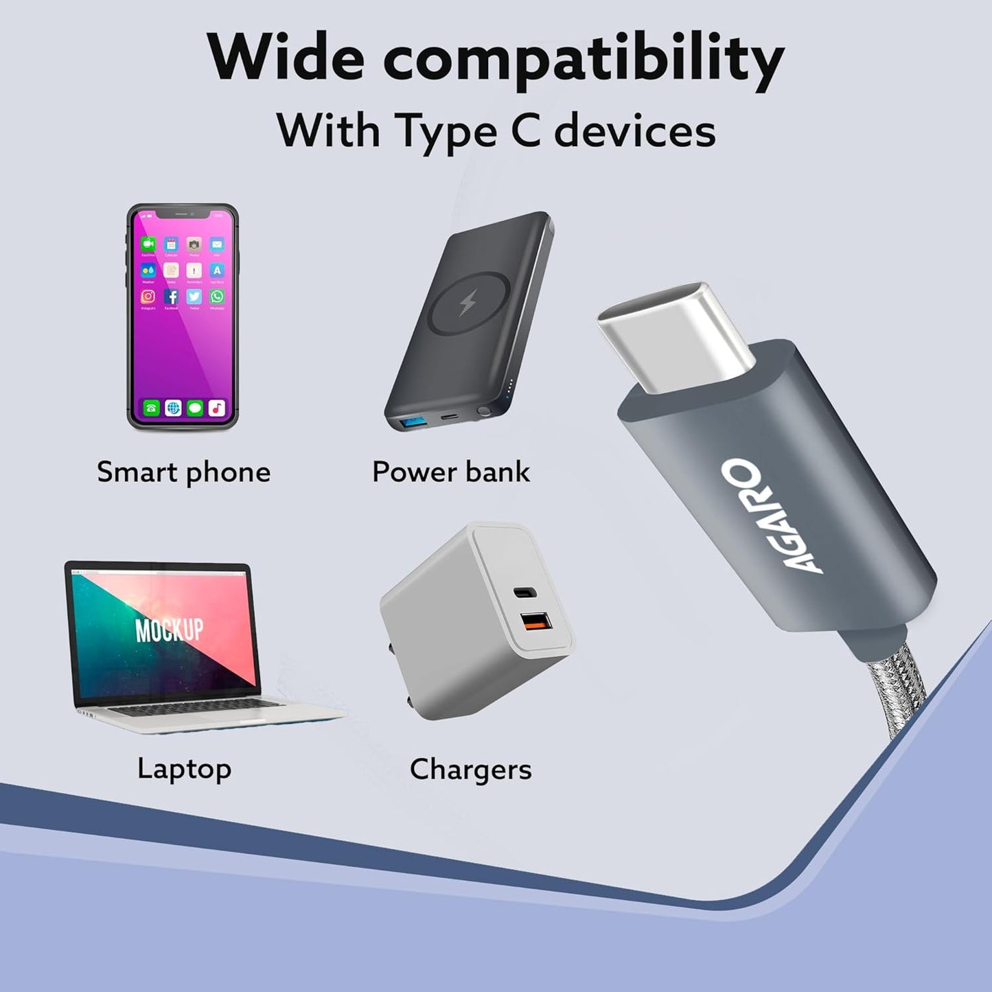 AGARO Type C to Type C Fast Charging Cable compatible with Android devices, iPhone15, Power Bank, 4A, 60W, Supports PD, 480 Mbps Data Transmission, Braided, 1 Meter, Black